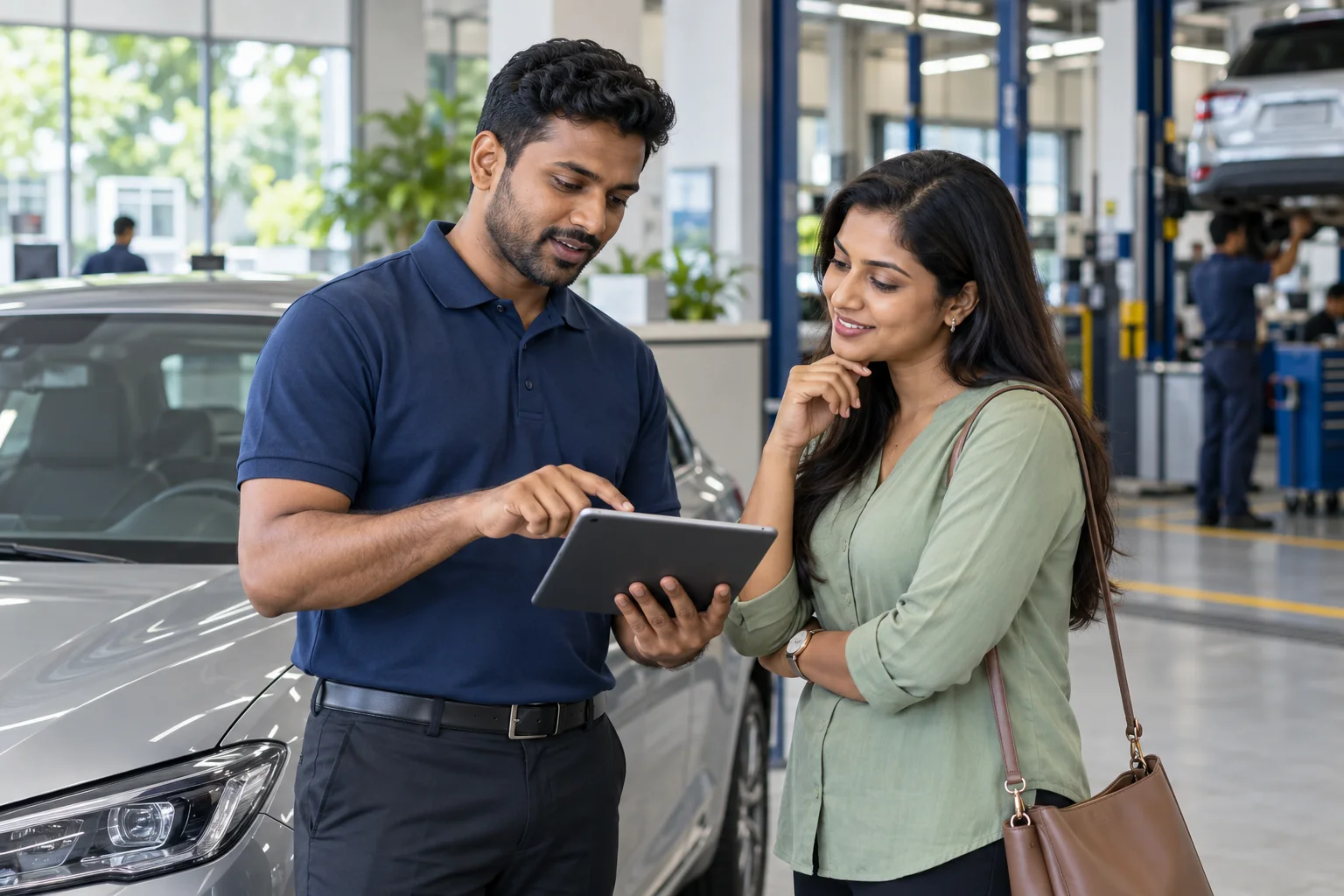 Illustrative automotive service advisor speaking with a customer